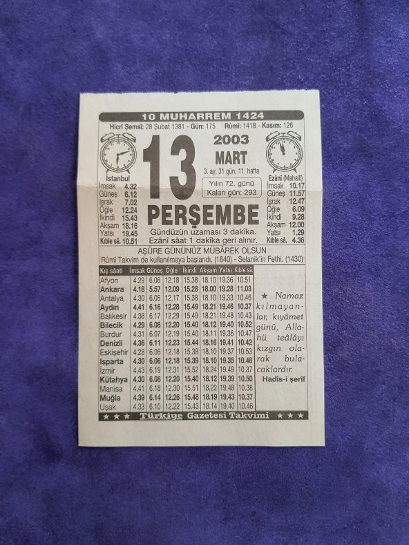 13 Mart 2003 Takvim Yaprağı - Nostaljik Koleksiyonluk Takvim Yaprağı ürün görseli