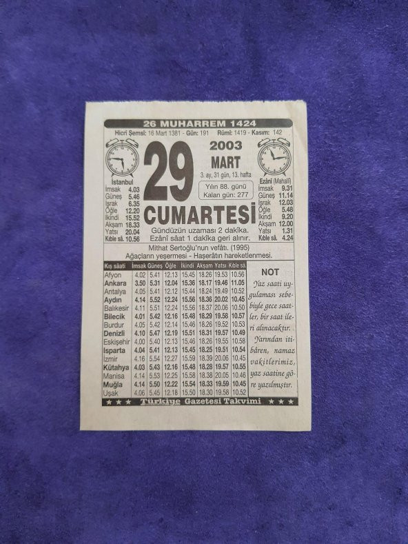 29 Mart 2003 Takvim Yaprağı - Nostaljik Koleksiyonluk Takvim Yaprağı ürün görseli