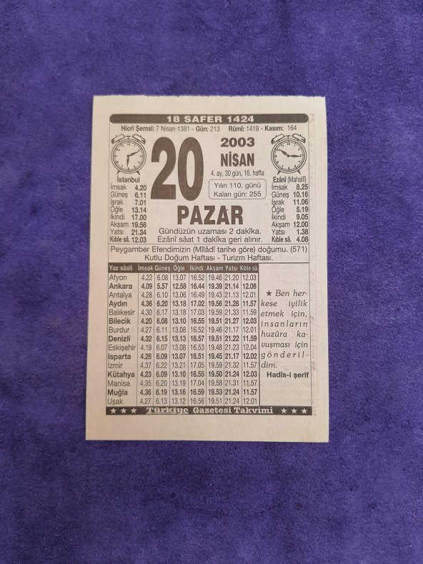 20 Nisan 2003 Takvim Yaprağı - Nostaljik Koleksiyonluk Takvim Yaprağı ürün görseli