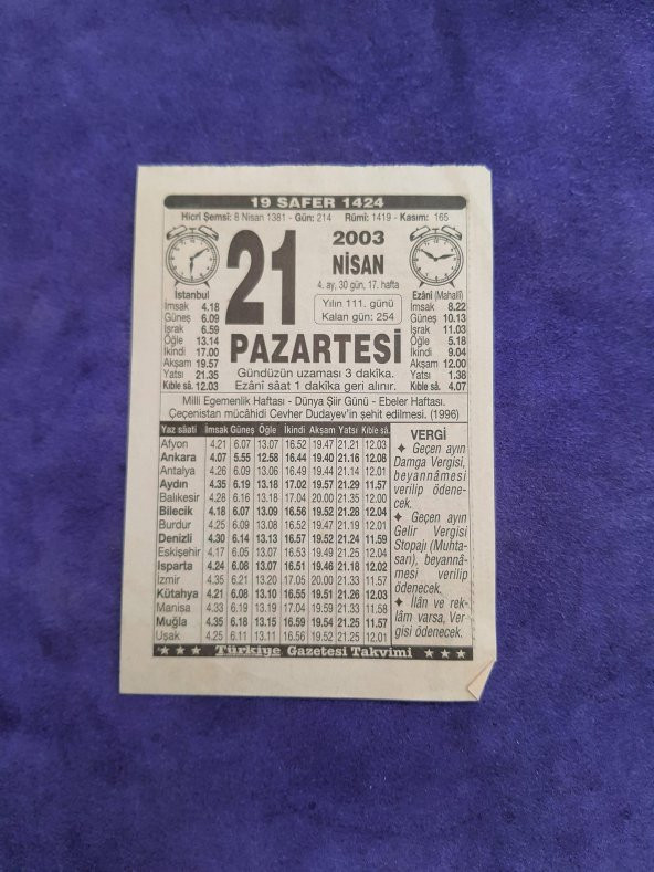 21 Nisan 2003 Takvim Yaprağı - Nostaljik Koleksiyonluk Takvim Yaprağı ürün görseli