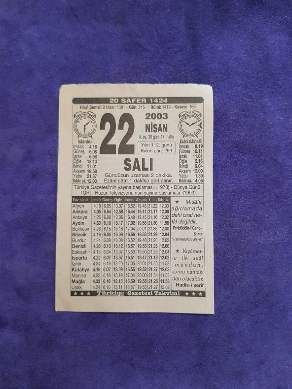 22 Nisan 2003 Takvim Yaprağı - Nostaljik Koleksiyonluk Takvim Yaprağı ürün görseli