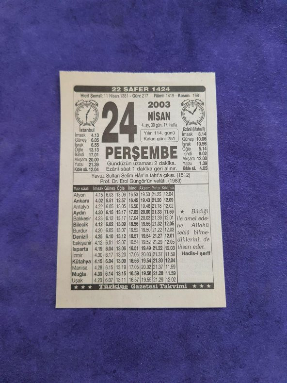 24 Nisan 2003 Takvim Yaprağı - Nostaljik Koleksiyonluk Takvim Yaprağı ürün görseli