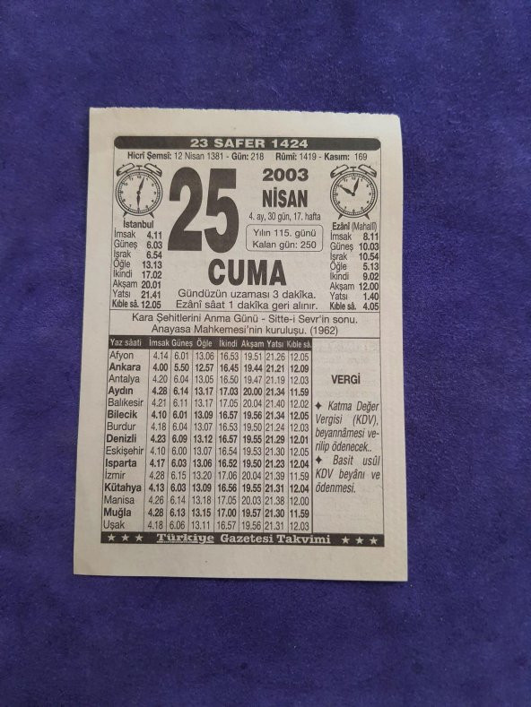25 Nisan 2003 Takvim Yaprağı - Nostaljik Koleksiyonluk Takvim Yaprağı ürün görseli