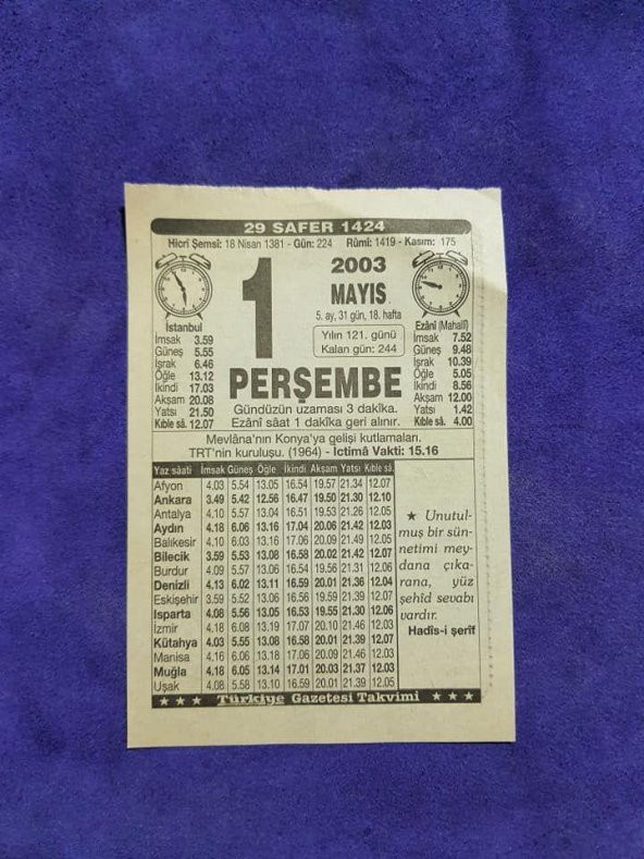 1 Mayıs 2003 Takvim Yaprağı - Nostaljik Koleksiyonluk Takvim Yaprağı ürün görseli