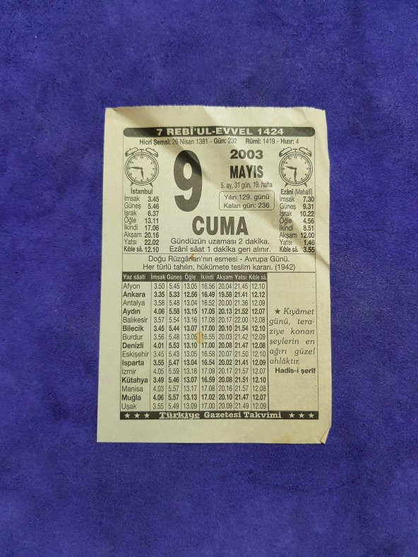 9 Mayıs 2003 Takvim Yaprağı - Nostaljik Koleksiyonluk Takvim Yaprağı ürün görseli