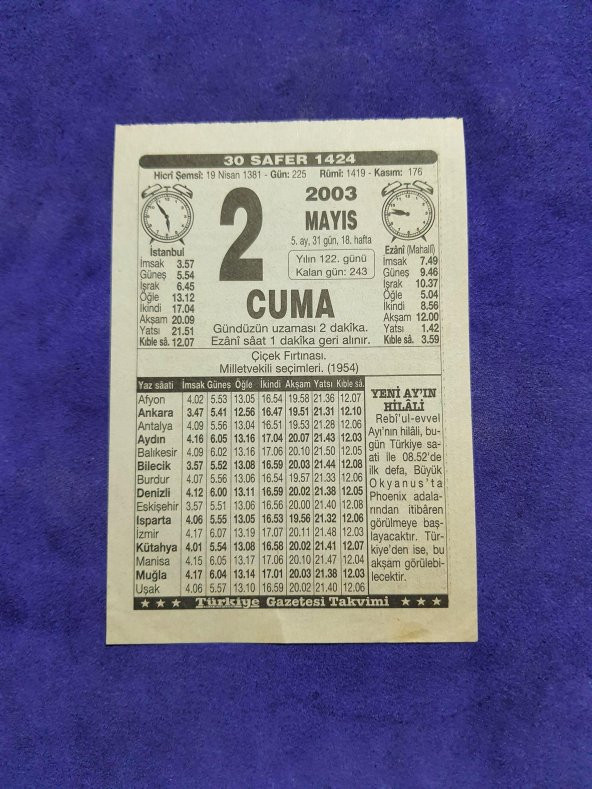 2 Mayıs 2003 Takvim Yaprağı - Nostaljik Koleksiyonluk Takvim Yaprağı ürün görseli