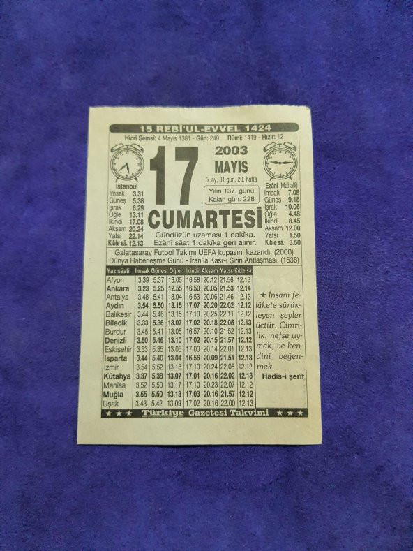 17 Mayıs 2003 Takvim Yaprağı - Nostaljik Koleksiyonluk Takvim Yaprağı ürün görseli