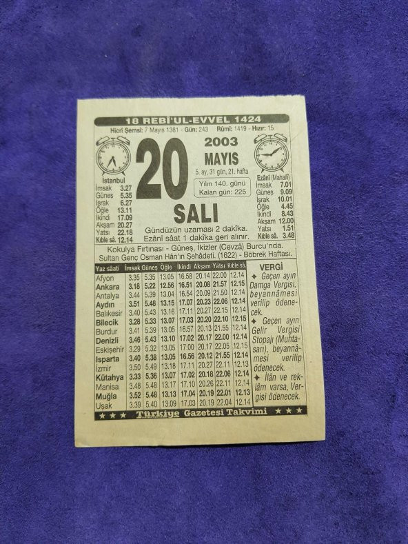 20 Mayıs 2003 Takvim Yaprağı - Nostaljik Koleksiyonluk Takvim Yaprağı ürün görseli