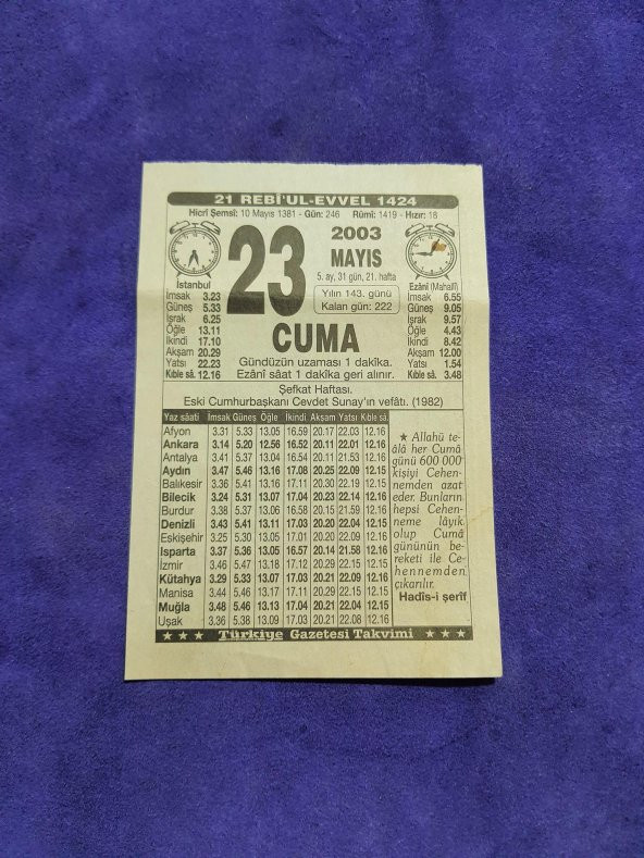 23 Mayıs 2003 Takvim Yaprağı - Nostaljik Koleksiyonluk Takvim Yaprağı ürün görseli