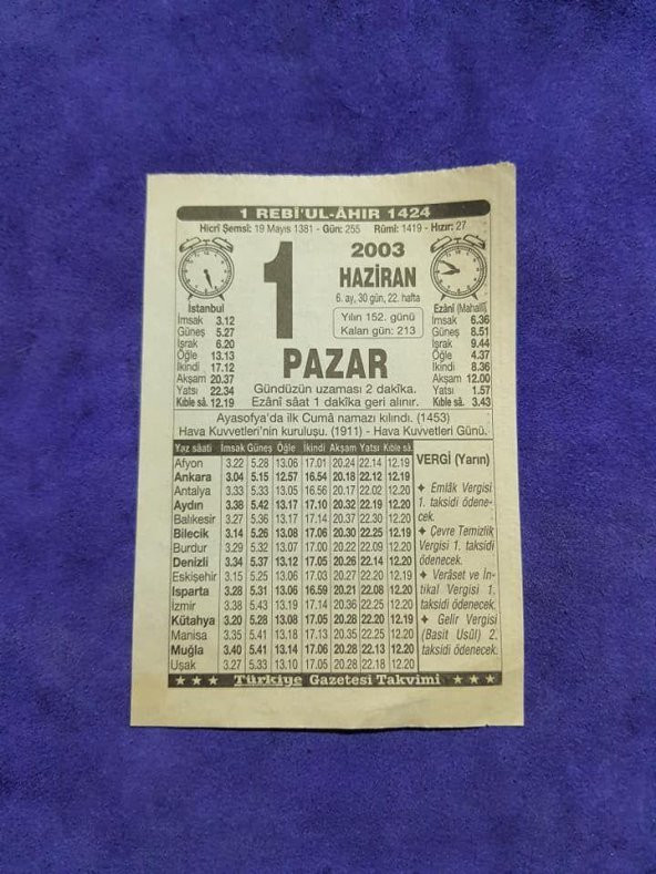 1 Haziran 2003 Takvim Yaprağı - Nostaljik Koleksiyonluk Takvim Yaprağı ürün görseli