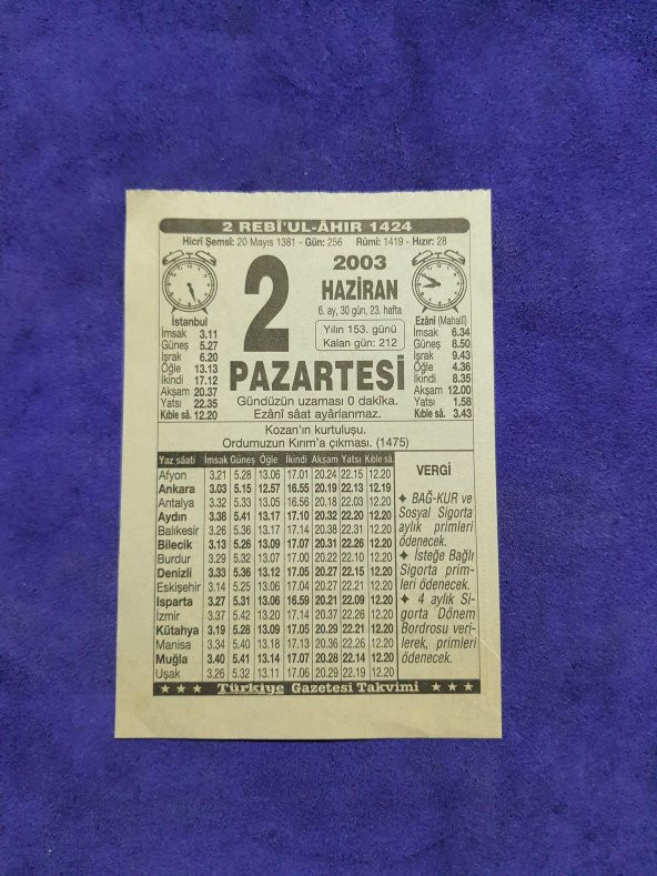 2 Haziran 2003 Takvim Yaprağı - Nostaljik Koleksiyonluk Takvim Yaprağı