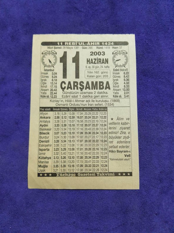 11 Haziran 2003 Takvim Yaprağı - Nostaljik Koleksiyonluk Takvim Yaprağı ürün görseli