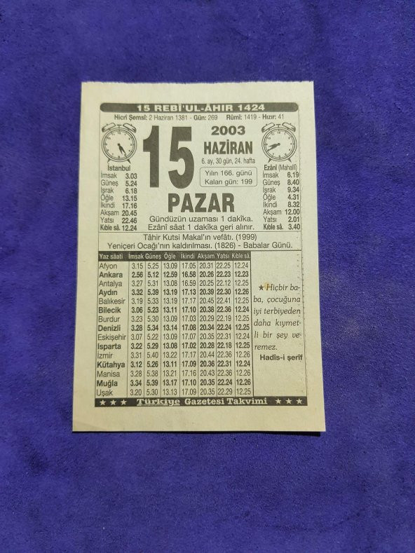 15 Haziran 2003 Takvim Yaprağı - Nostaljik Koleksiyonluk Takvim Yaprağı ürün görseli