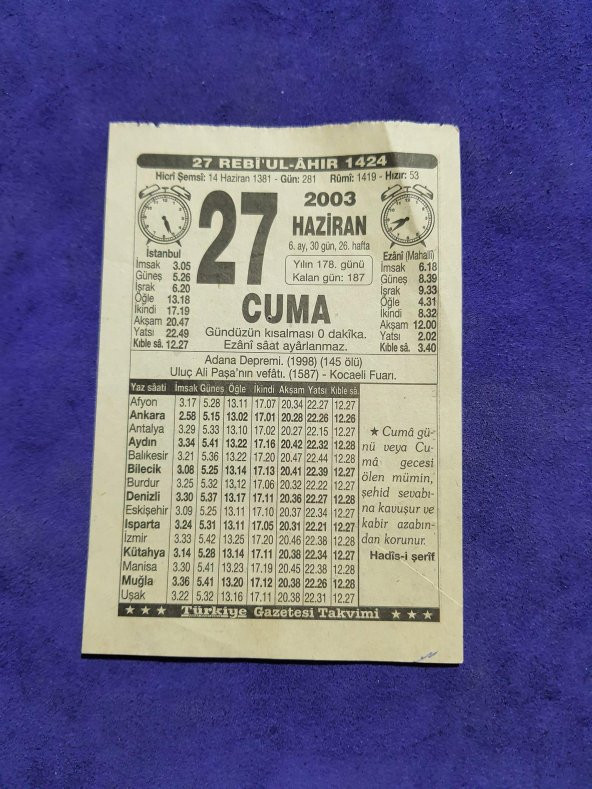 27 Haziran 2003 Takvim Yaprağı - Nostaljik Koleksiyonluk Takvim Yaprağı