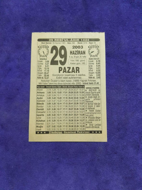 29 Haziran 2003 Takvim Yaprağı - Nostaljik Koleksiyonluk Takvim Yaprağı ürün görseli