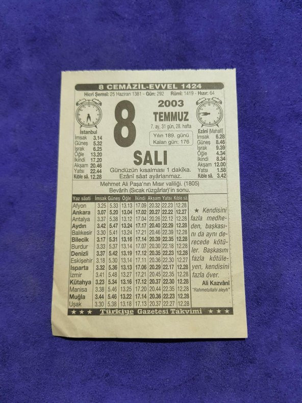 8 Temmuz 2003 Takvim Yaprağı - Nostaljik Koleksiyonluk Takvim Yaprağı ürün görseli