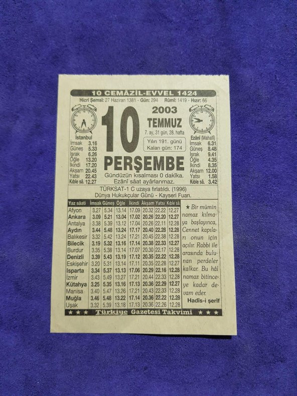 10 Temmuz 2003 Takvim Yaprağı - Nostaljik Koleksiyonluk Takvim Yaprağı - 1