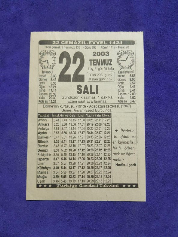 22 Temmuz 2003 Takvim Yaprağı - Nostaljik Koleksiyonluk Takvim Yaprağı ürün görseli