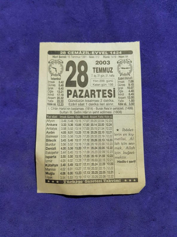 28 Temmuz 2003 Takvim Yaprağı - Nostaljik Koleksiyonluk Takvim Yaprağı ürün görseli