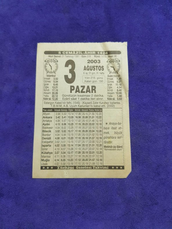 3 Ağustos 2003 Takvim Yaprağı - Nostaljik Koleksiyonluk Takvim Yaprağı ürün görseli