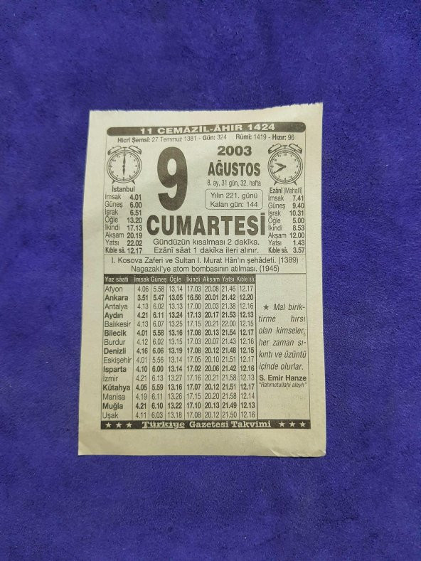 9 Ağustos 2003 Takvim Yaprağı - Nostaljik Koleksiyonluk Takvim Yaprağı ürün görseli