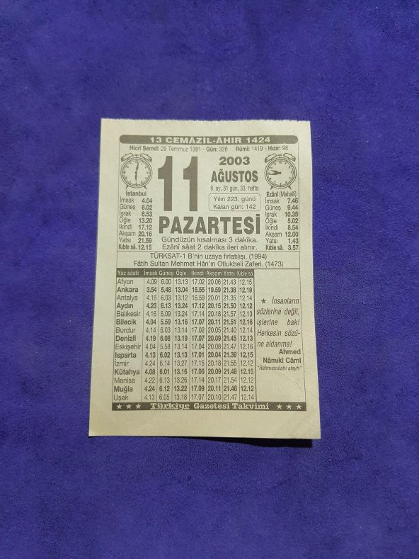 11 Ağustos 2003 Takvim Yaprağı - Nostaljik Koleksiyonluk Takvim Yaprağı ürün görseli