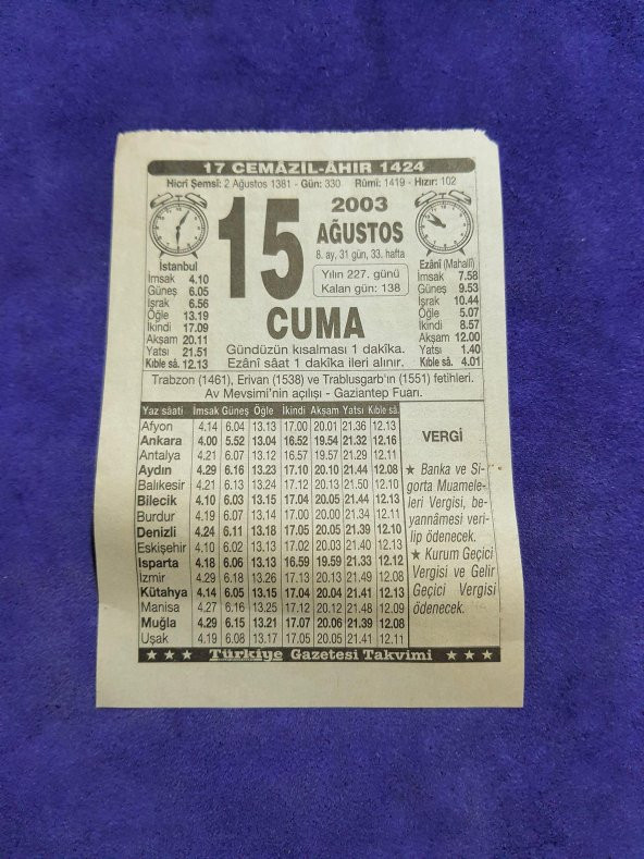 15 Ağustos 2003 Takvim Yaprağı - Nostaljik Koleksiyonluk Takvim Yaprağı ürün görseli