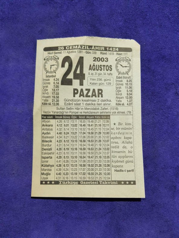 24 Ağustos 2003 Takvim Yaprağı - Nostaljik Koleksiyonluk Takvim Yaprağı ürün görseli