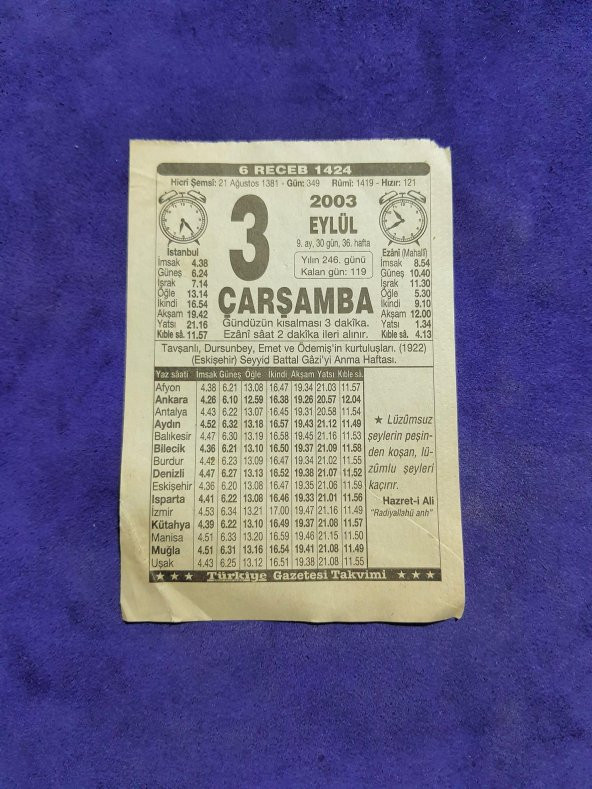 3 Eylül 2003 Takvim Yaprağı - Nostaljik Koleksiyonluk Takvim Yaprağı ürün görseli