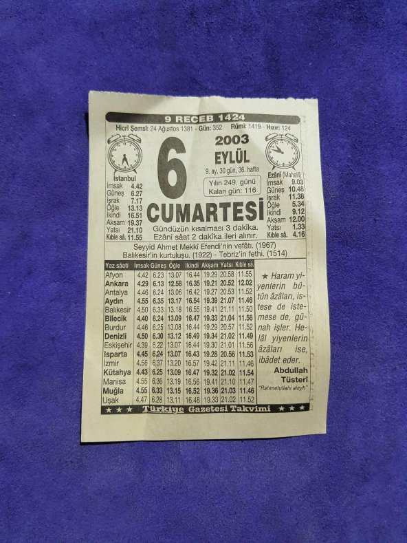 6 Eylül 2003 Takvim Yaprağı - Nostaljik Koleksiyonluk Takvim Yaprağı ürün görseli