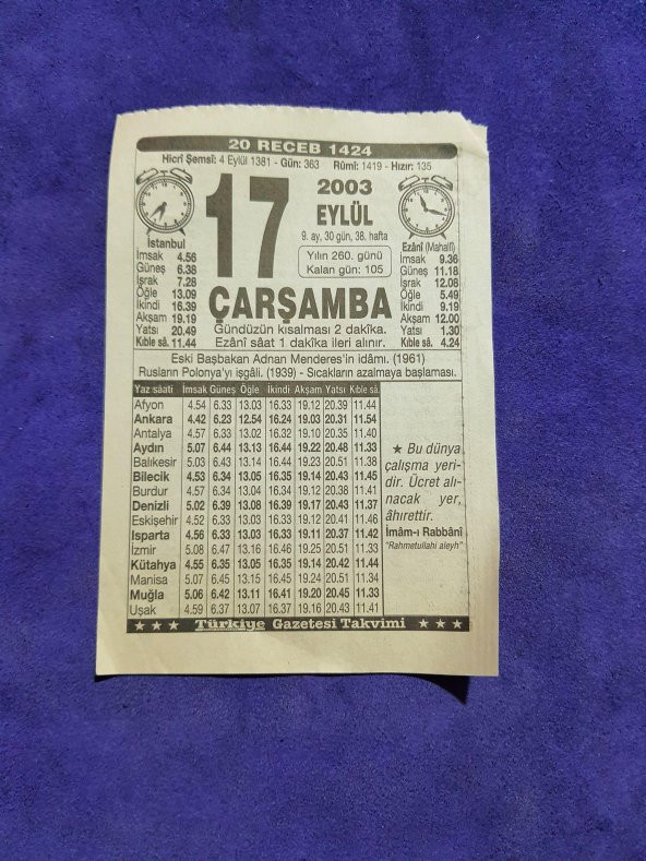 17 Eylül 2003 Takvim Yaprağı - Nostaljik Koleksiyonluk Takvim Yaprağı ürün görseli