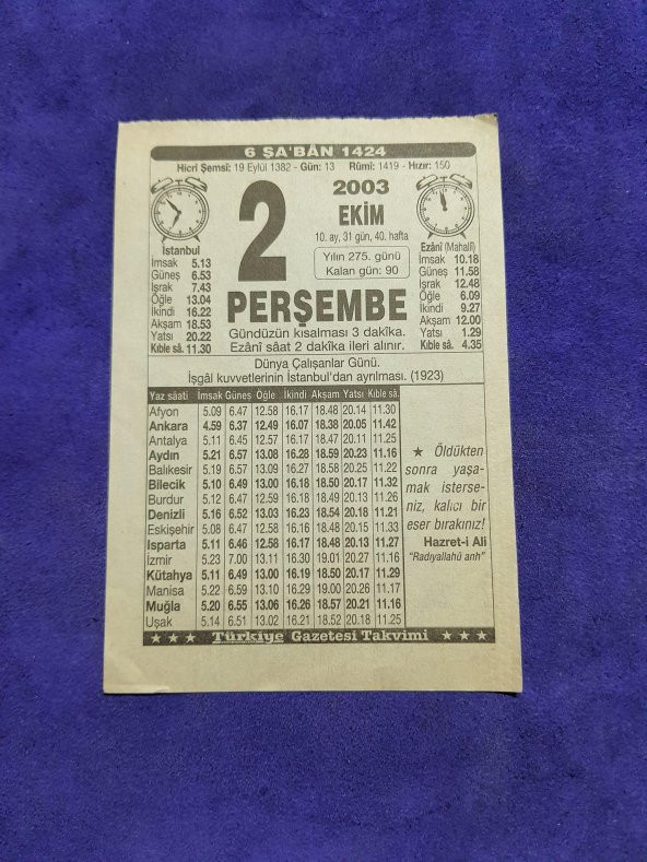 2 Ekim 2003 Takvim Yaprağı - Nostaljik Koleksiyonluk Takvim Yaprağı ürün görseli
