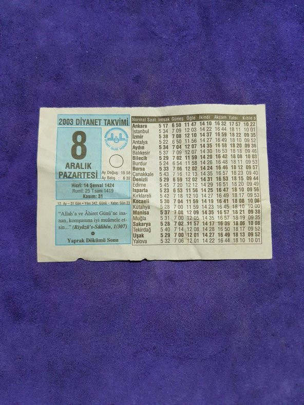 8 Aralık 2003 Takvim Yaprağı - Nostaljik Koleksiyonluk Takvim Yaprağı ürün görseli