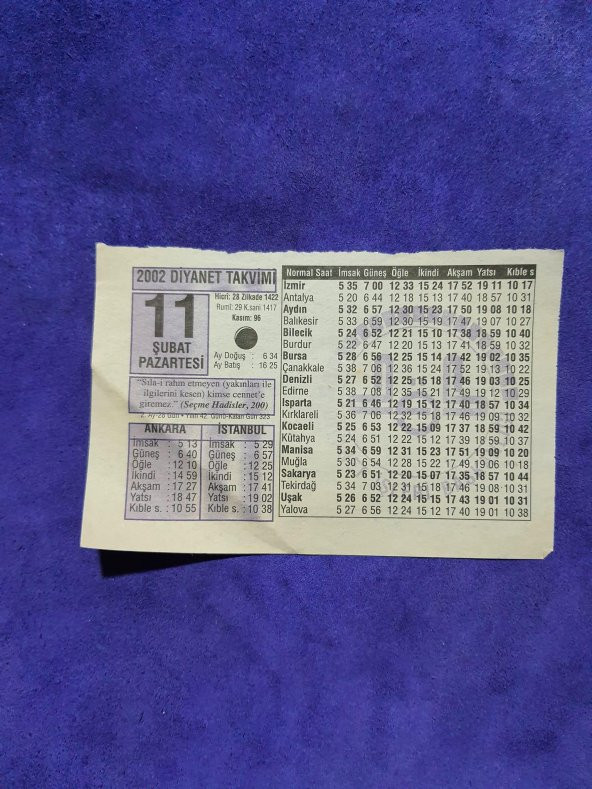 11 Şubat 2002 Takvim Yaprağı - Nostaljik Koleksiyonluk Takvim Yaprağı