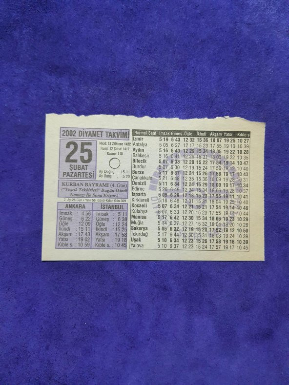 25 Şubat 2002 Takvim Yaprağı - Nostaljik Koleksiyonluk Takvim Yaprağı ürün görseli