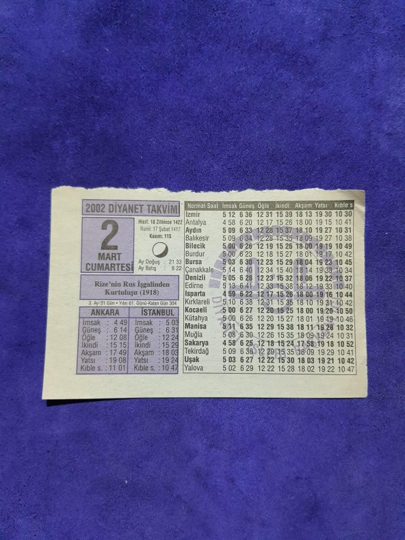 2 Mart 2002 Takvim Yaprağı - Nostalji Koleksiyonluk Takvim Yaprağı ürün görseli