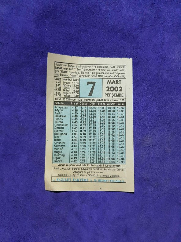 7 Mart 2002 Takvim Yaprağı - Nostalji Koleksiyonluk Takvim Yaprağı A ürün görseli