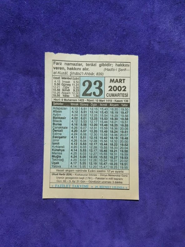 23 Mart 2002 Takvim Yaprağı - Nostalji Koleksiyonluk Takvim Yaprağı A ürün görseli