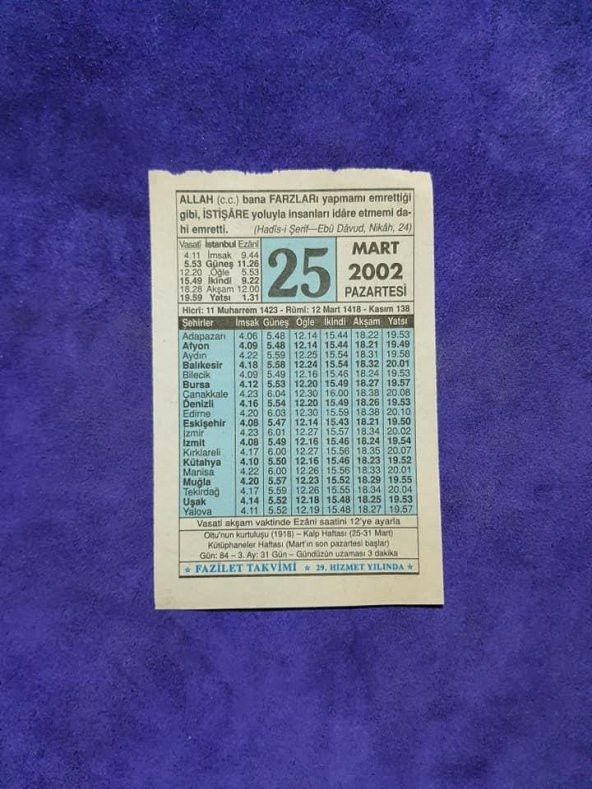 25 Mart 2002 Takvim Yaprağı - Nostalji Koleksiyonluk Takvim Yaprağı A ürün görseli