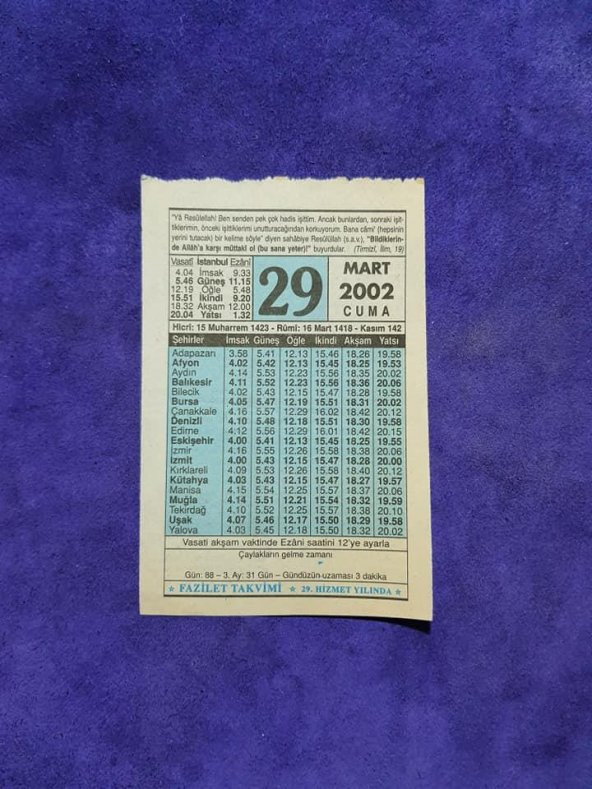 29 Mart 2002 Takvim Yaprağı - Nostalji Koleksiyonluk Takvim Yaprağı A ürün görseli