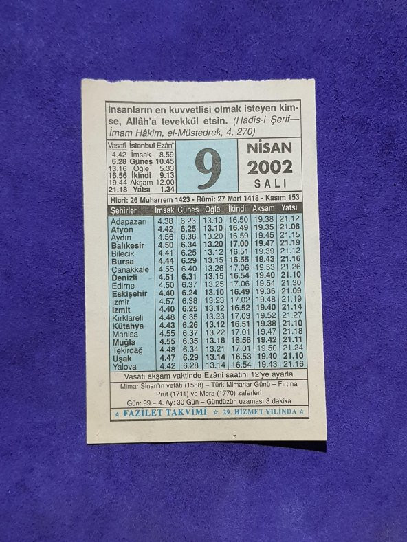 9 Nisan 2002 Takvim Yaprağı - Nostalji Koleksiyonluk Takvim Yaprağı A ürün görseli