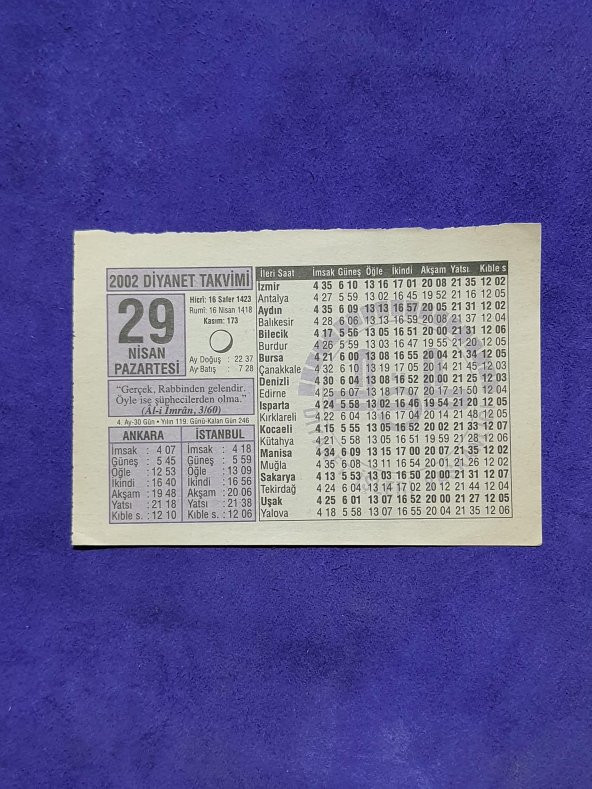 29 Nisan 2002 Takvim Yaprağı - Nostalji Koleksiyonluk Takvim Yaprağı