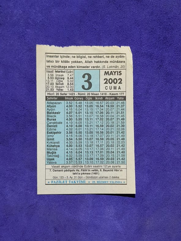 3 Mayıs 2002 Takvim Yaprağı - Nostalji Koleksiyonluk Takvim Yaprağı A ürün görseli