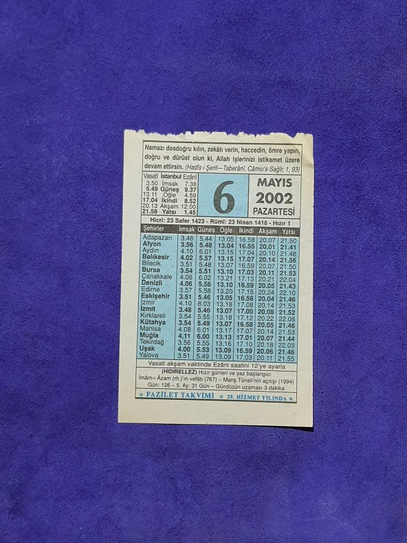 6 Mayıs 2002 Takvim Yaprağı - Nostalji Koleksiyonluk Takvim Yaprağı A ürün görseli