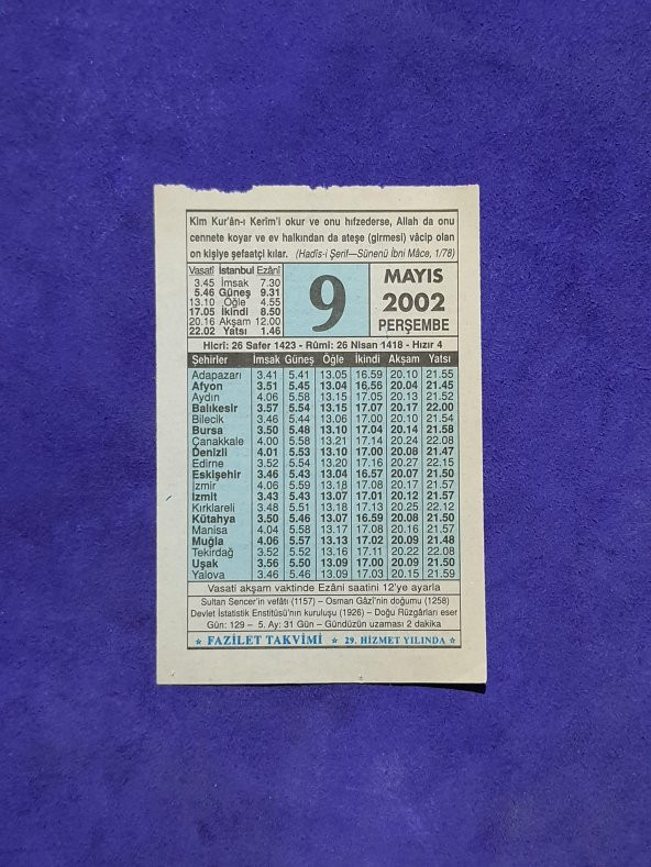 9 Mayıs 2002 Takvim Yaprağı - Nostalji Koleksiyonluk Takvim Yaprağı A ürün görseli