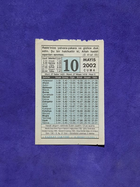 10 Mayıs 2002 Takvim Yaprağı - Nostalji Koleksiyonluk Takvim Yaprağı A ürün görseli