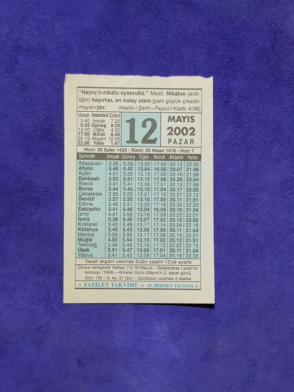 12 Mayıs 2002 Takvim Yaprağı - Nostalji Koleksiyonluk Takvim Yaprağı A ürün görseli