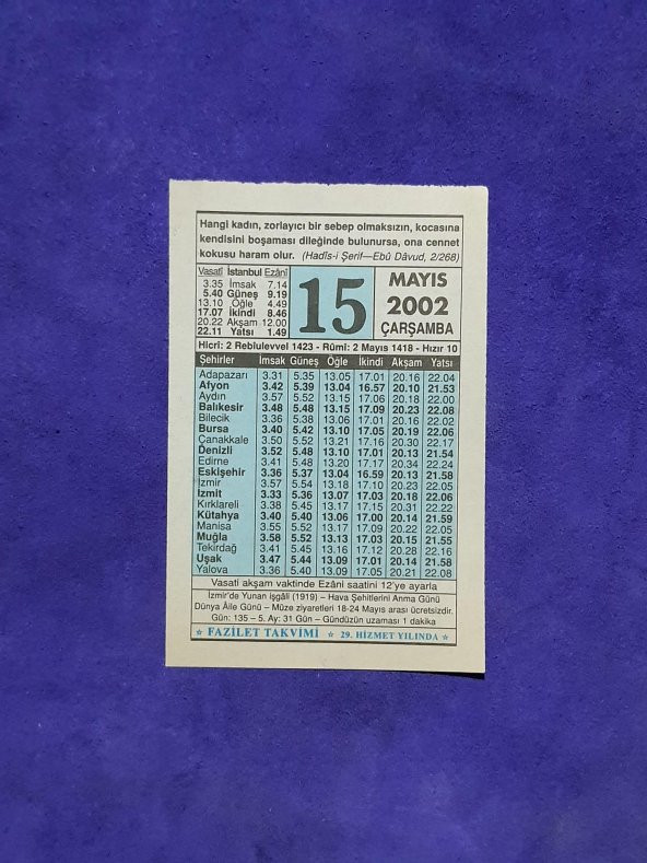 15 Mayıs 2002 Takvim Yaprağı - Nostalji Koleksiyonluk Takvim Yaprağı A