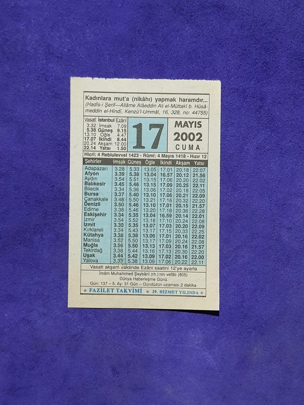 17 Mayıs 2002 Takvim Yaprağı - Nostalji Koleksiyonluk Takvim Yaprağı A ürün görseli