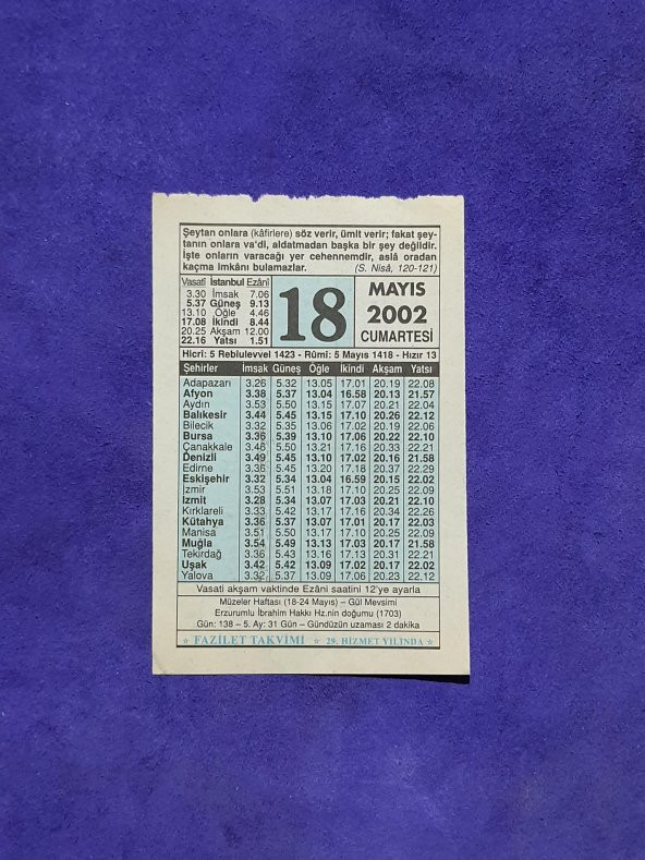 18 Mayıs 2002 Takvim Yaprağı - Nostalji Koleksiyonluk Takvim Yaprağı A ürün görseli